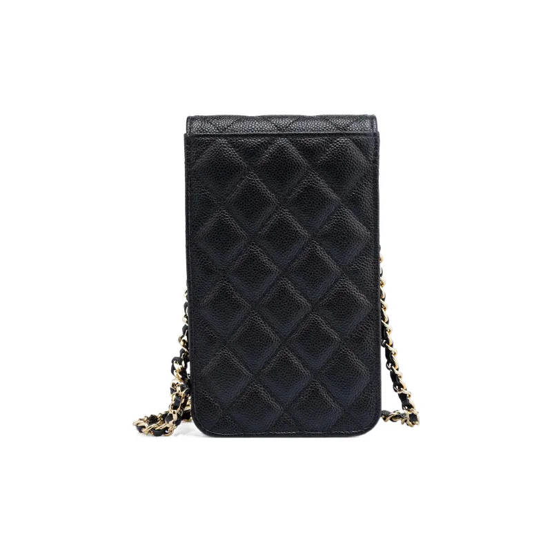 CHANEL Litchi Grain Cow Leather Cell Phone Pouch Trumpets Women's Black-2