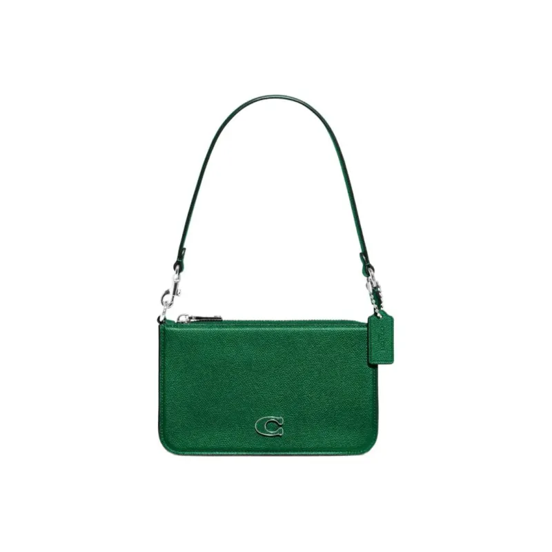 COACH Pouch Cross Grain Leather With Canvas Clutch Handbag, Shoulder Bag Women's Green-0