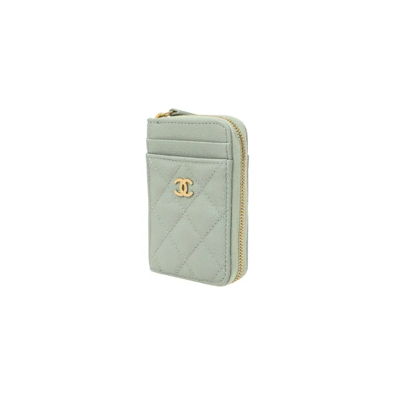 CHANEL Grain Embossed Shiny Litchi Grain Calfskin With Gold Metal Card Holder, Wallet Coin Purse Women's Green-1