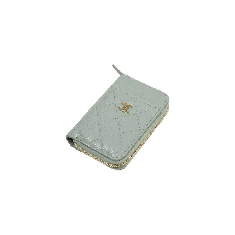 CHANEL Grain Embossed Shiny Litchi Grain Calfskin With Gold Metal Card Holder, Wallet Coin Purse Women's Green-3
