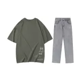Set (gray green T-shirt + metal gray jeans)