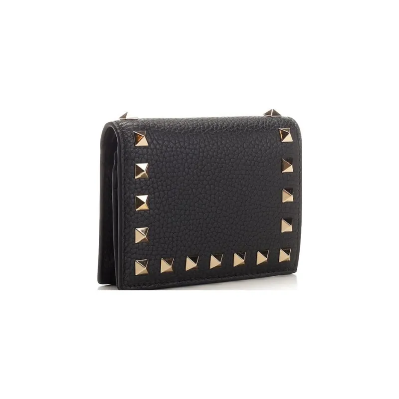 Valentino Rockstud Calfskin Wallet Card Holder Regular Women's Black-1