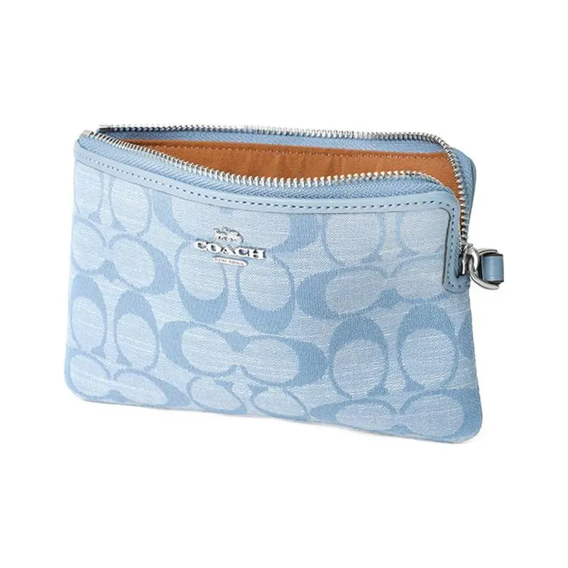 COACH Corner Zip Canvas With Leather Wrist Bag Clutch Trumpets Women's Light Blue-3