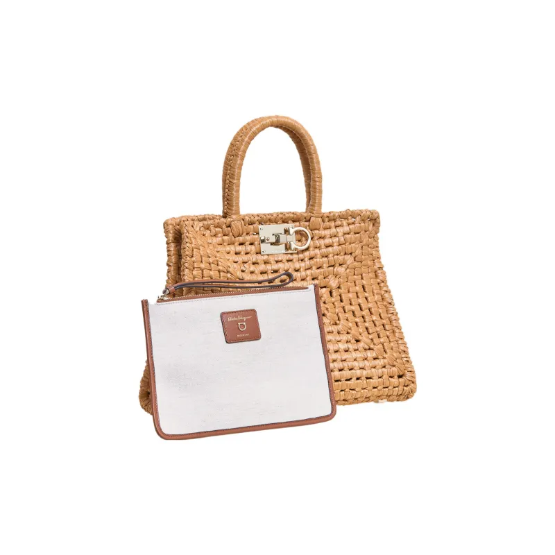 FERRAGAMO Studio Calfskin With Raffia Box Bag Handbag Women's Nude-3