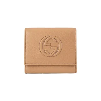 GUCCI Litchi Grain Cow Leather Wallet Women's Apricot