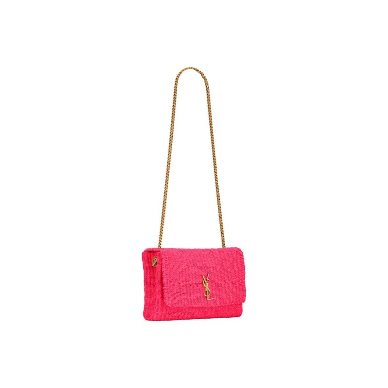 SAINT LAURENT KATE Cow Leather, Textile Chain Bag, Crossbody Bag, Shoulder Bag Women's Neon Pink-1
