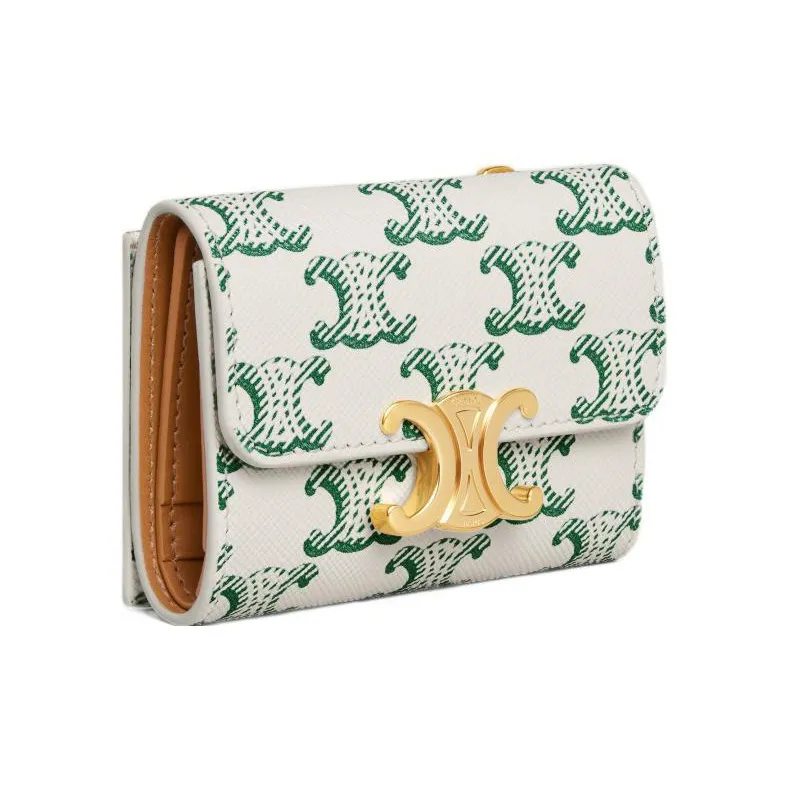 CELINE Triomphe Cow Leather Patchwork With Fabric Wallet Women's Green-1