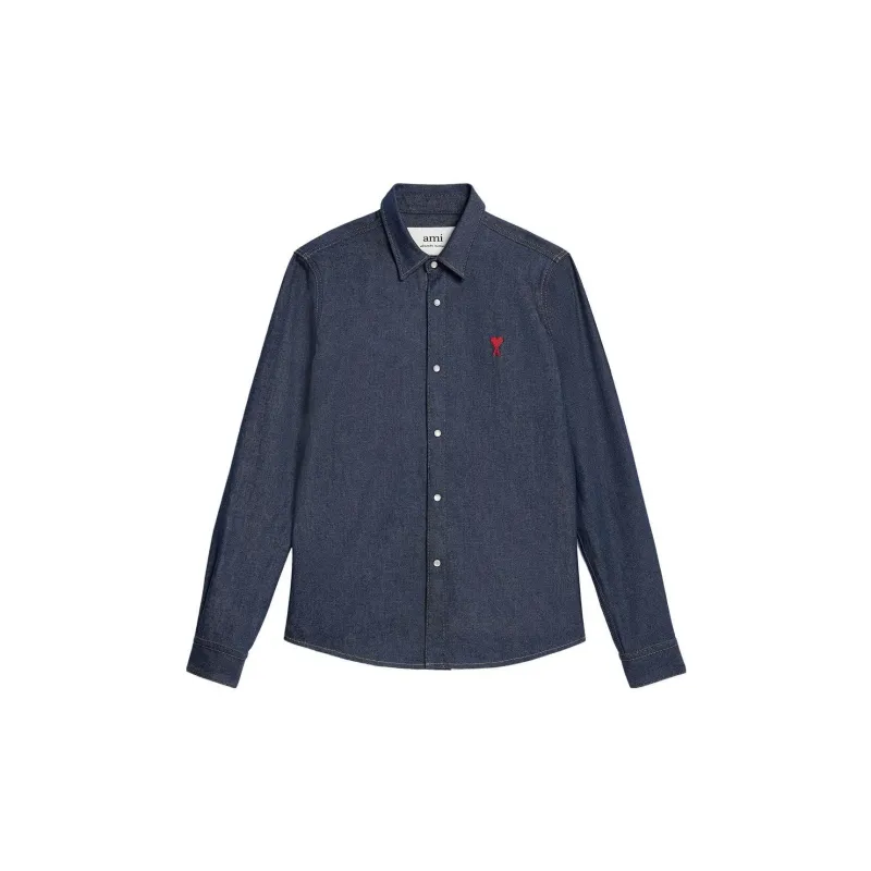AMIPARIS Paris Logo Embroidered Snapped Denim Shirt-0