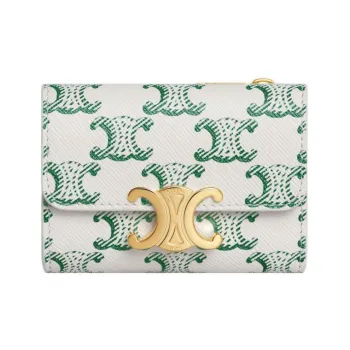 CELINE Triomphe Cow Leather Patchwork With Fabric Wallet Women's Green