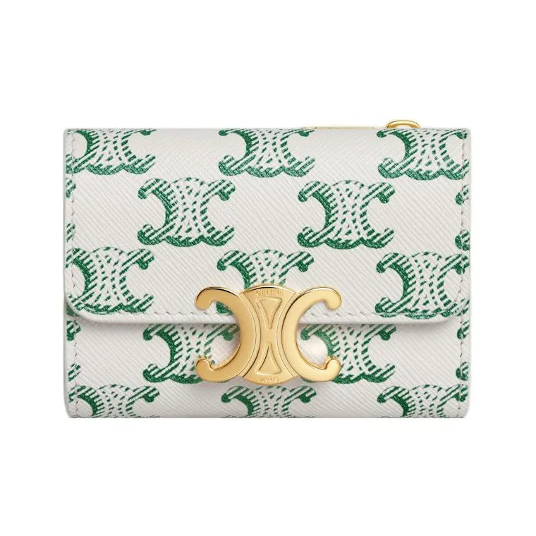 CELINE Triomphe Cow Leather Patchwork With Fabric Wallet Women's Green-0
