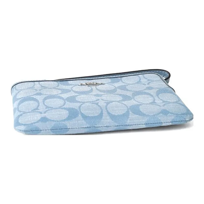 COACH Corner Zip Canvas With Leather Wrist Bag Clutch Trumpets Women's Light Blue-1