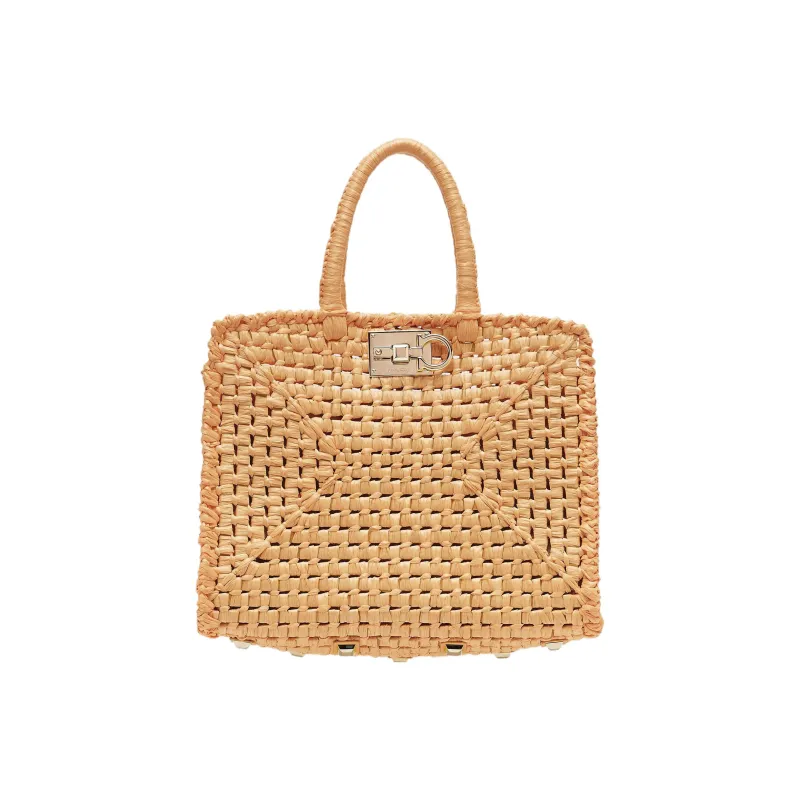 FERRAGAMO Studio Calfskin With Raffia Box Bag Handbag Women's Nude-1