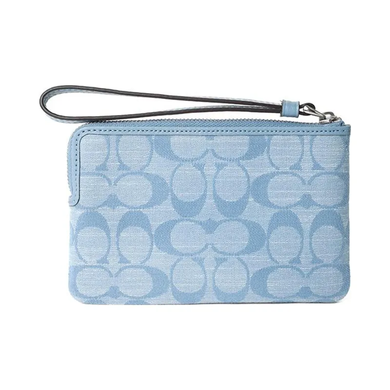 COACH Corner Zip Canvas With Leather Wrist Bag Clutch Trumpets Women's Light Blue-4