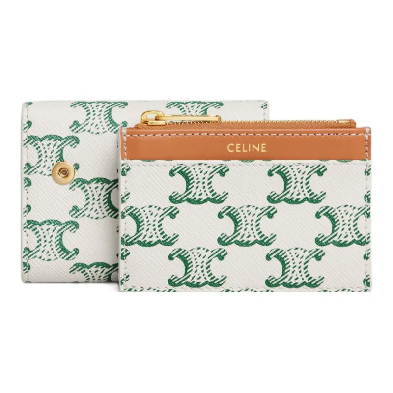 CELINE Triomphe Cow Leather Patchwork With Fabric Wallet Women's Green-4
