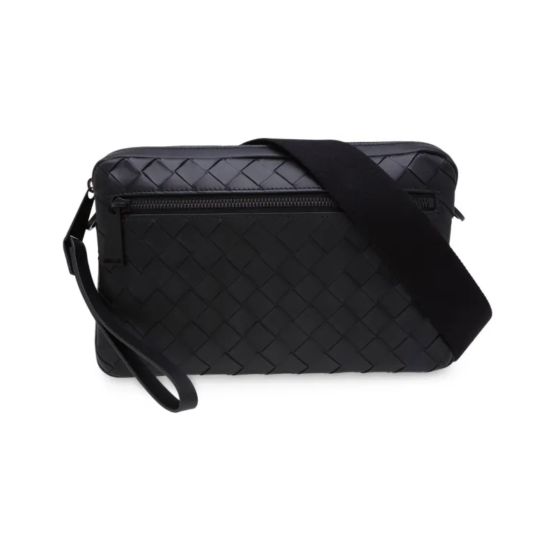 Bottega Veneta Leather Messenger Bag Crossbody Bag Shoulder Bag Men's Black-0