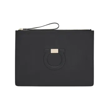 FERRAGAMO GANCINI Hammered Calfskin Makeup Bag, Clutch Women's Black
