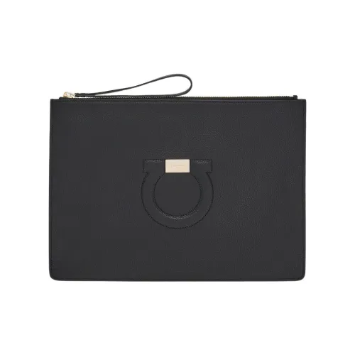 FERRAGAMO GANCINI Hammered Calfskin Makeup Bag, Clutch Women's Black