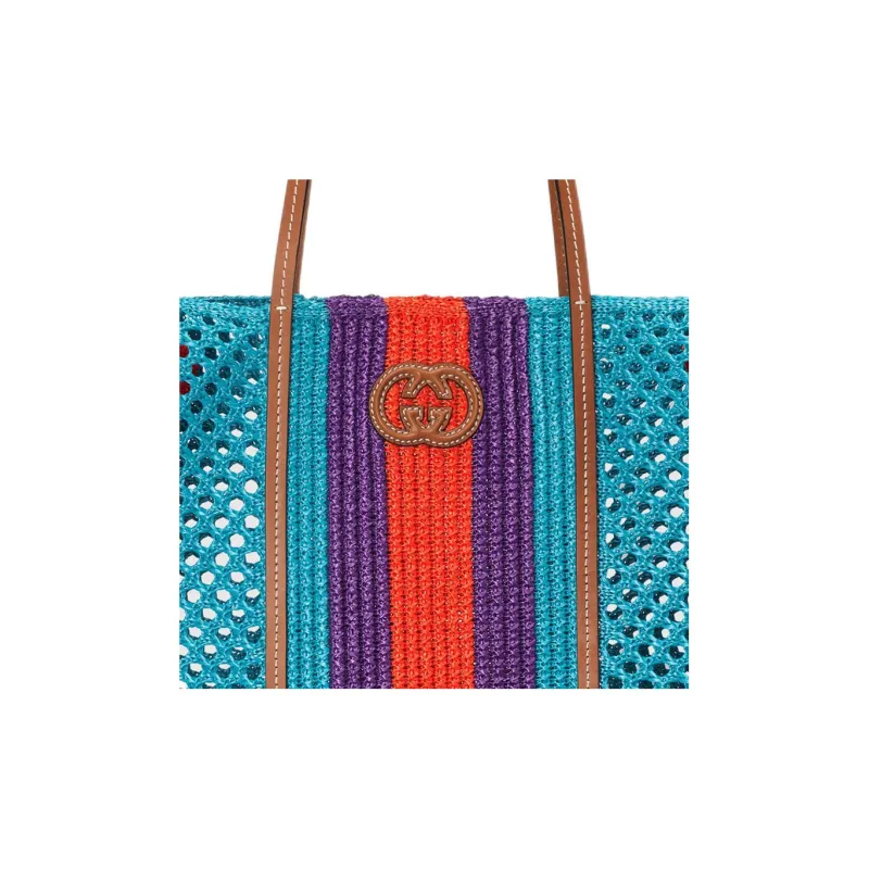 GUCCI Raffia Tote Bag Shopping Bag Handbag Medium Size Women's Light Blue/Orange/Purple-7