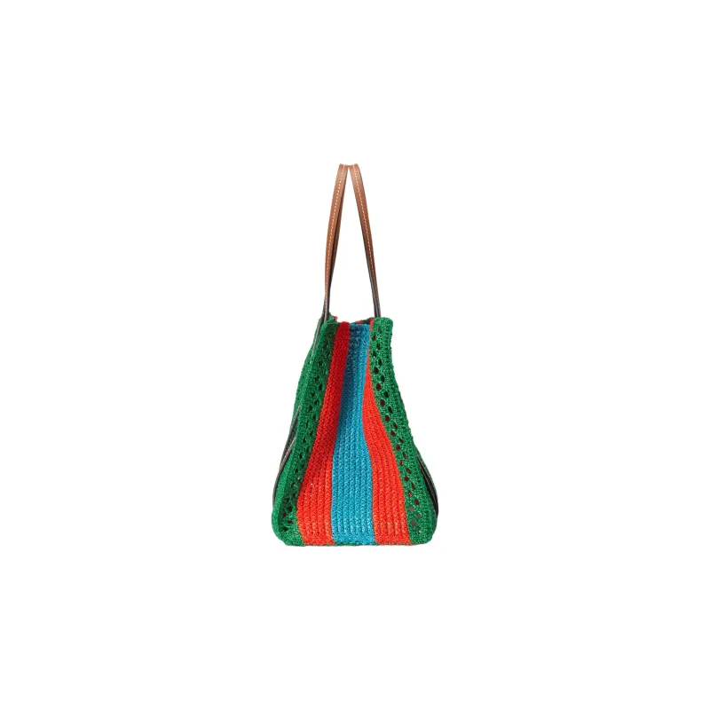 GUCCI Raffia With Leather Trim Tote Bag Shopping Bag Handbag Medium Size Women's Green/Black/Red-2