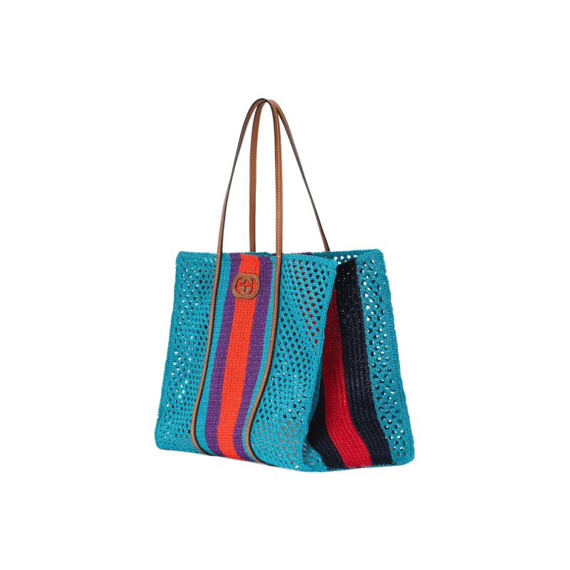 GUCCI Raffia Tote Bag Shopping Bag Handbag Medium Size Women's Light Blue/Orange/Purple-1