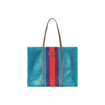 GUCCI Raffia Tote Bag Shopping Bag Handbag Medium Size Women's Light Blue/Orange/Purple