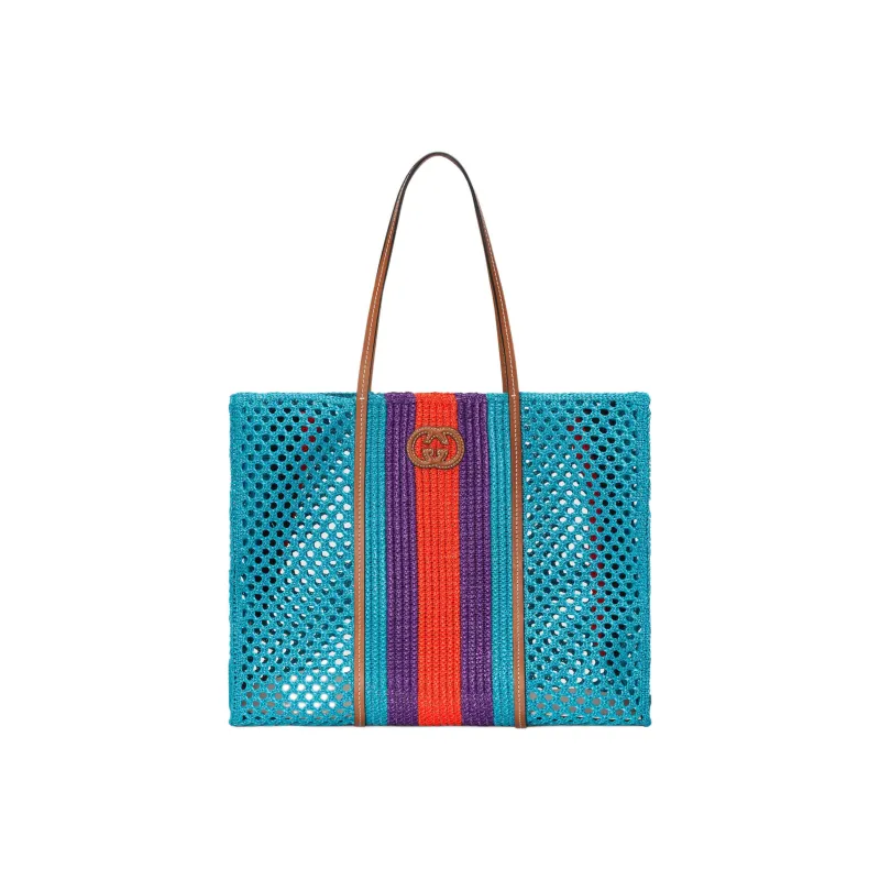 GUCCI Raffia Tote Bag Shopping Bag Handbag Medium Size Women's Light Blue/Orange/Purple-0