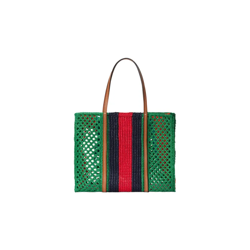 GUCCI Raffia With Leather Trim Tote Bag Shopping Bag Handbag Medium Size Women's Green/Black/Red-3
