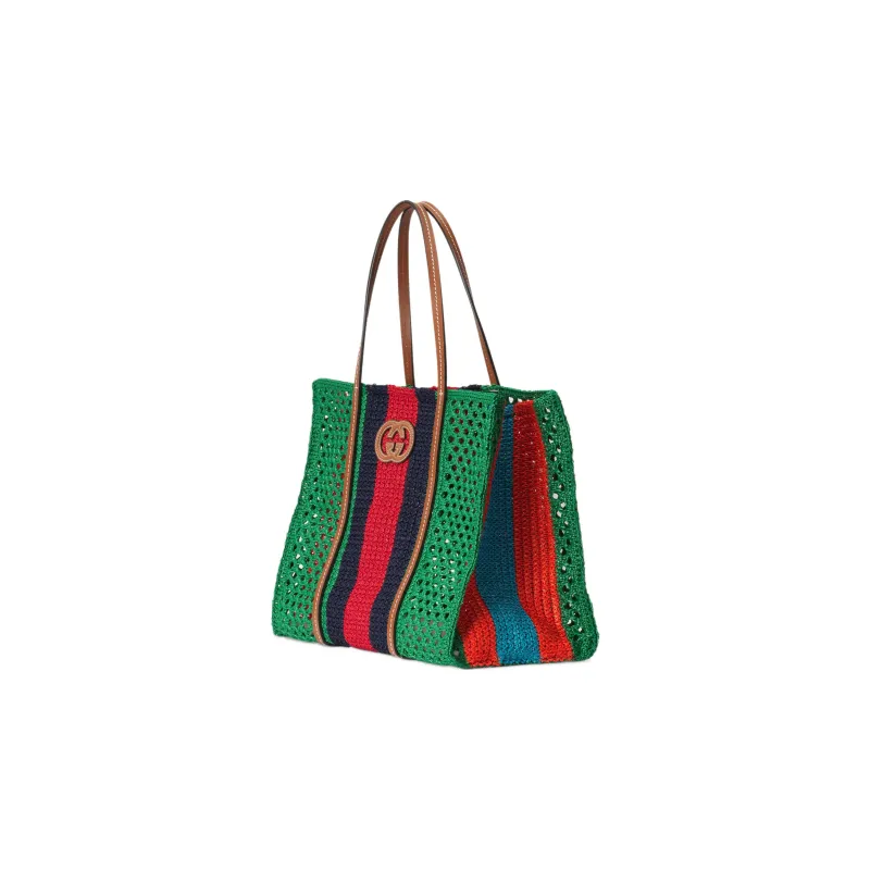 GUCCI Raffia With Leather Trim Tote Bag Shopping Bag Handbag Medium Size Women's Green/Black/Red-1