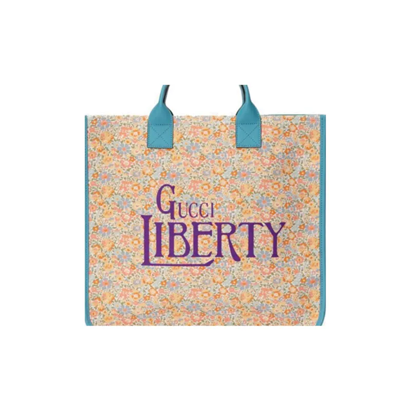 GUCCI Liberty Collaboration Fabric With Leather Tote Bag Shopping Bag Handbag Kids' Light Pink/Light Blue-6