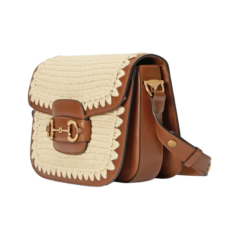 GUCCI Horsebit 1955 Raffia Shoulder Bag, Crossbody Bag Women's-1