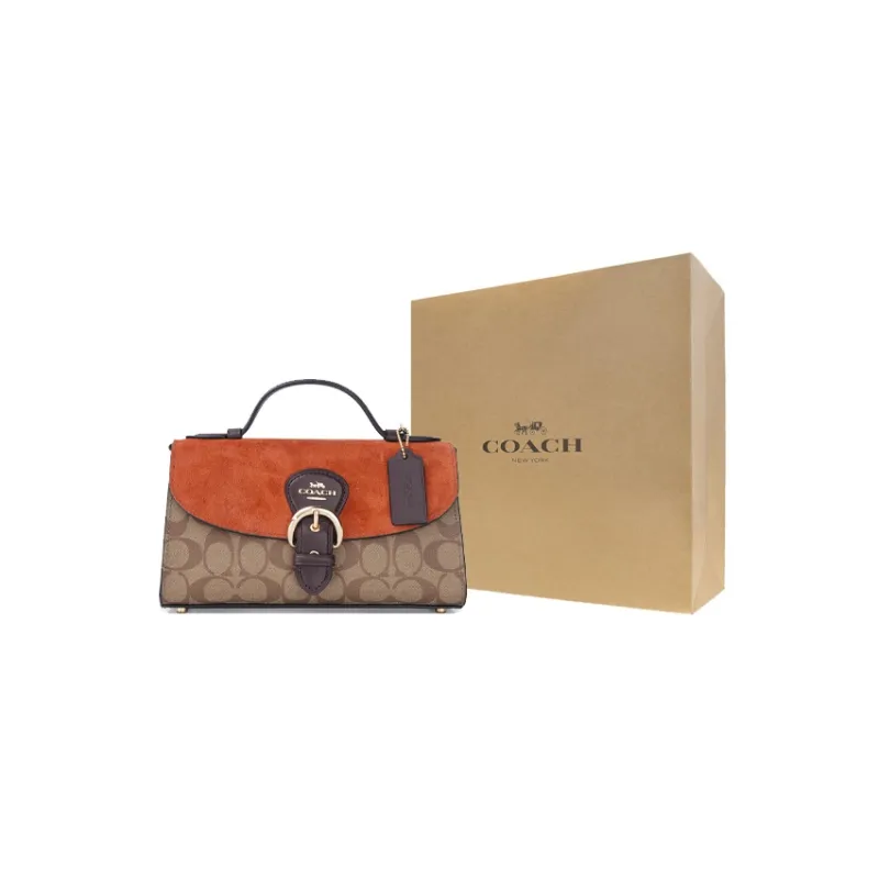 COACH Kleo Canvas Cow Leather Patchwork Handbag Shoulder Bag Crossbody Bag Medium Size Women's Orange/brown-7