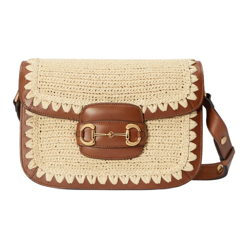 GUCCI Horsebit 1955 Raffia Shoulder Bag, Crossbody Bag Women's-0