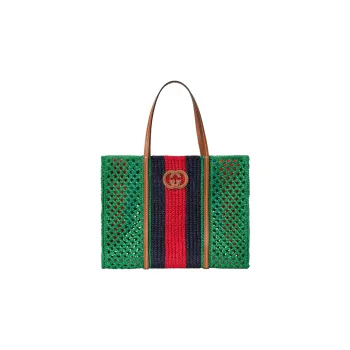 GUCCI Raffia With Leather Trim Tote Bag Shopping Bag Handbag Medium Size Women's Green/Black/Red
