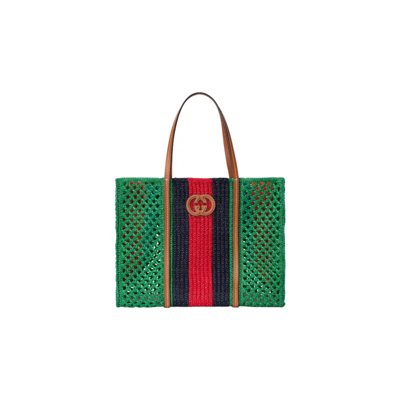 GUCCI Raffia With Leather Trim Tote Bag Shopping Bag Handbag Medium Size Women's Green/Black/Red-0
