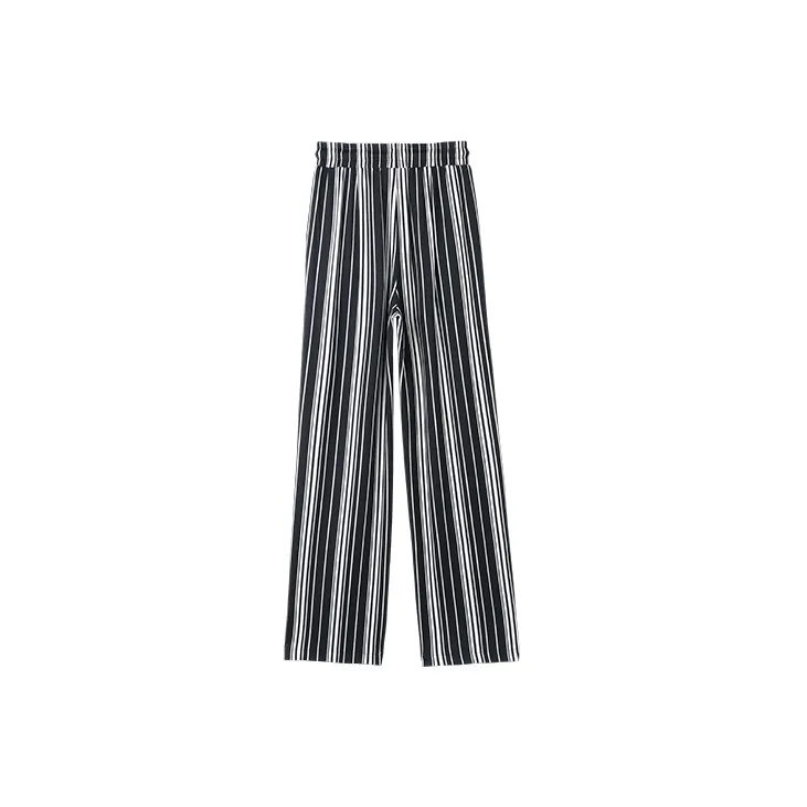 MITUAN Casual Pants Women's Black White Stripes-1