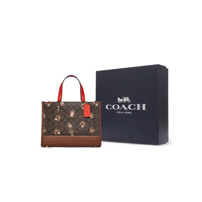 COACH Dempsey Cow Leather Tote Bag, Single Shoulder Crossbody Handbag Women's Brown Monogram-4