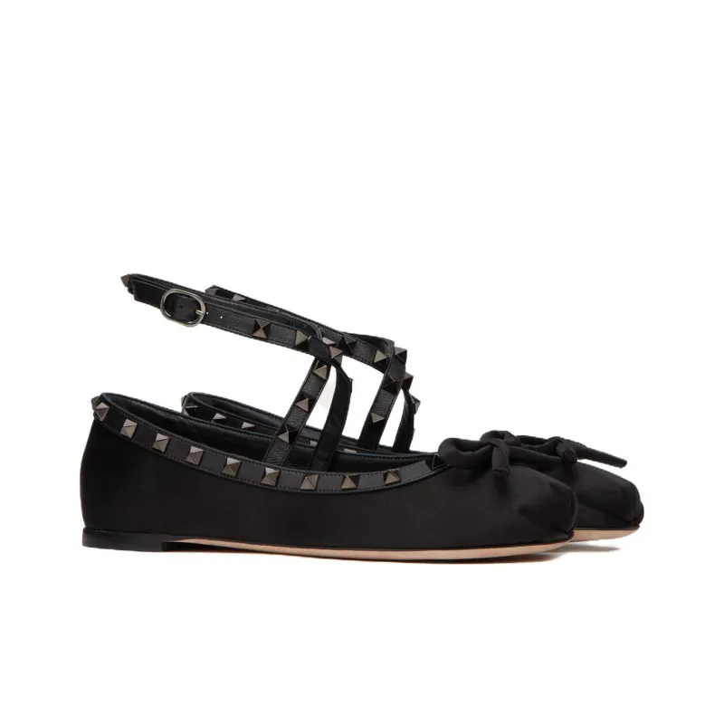 Valentino Garavani Rockstud Satin Ballerina Shoes-1