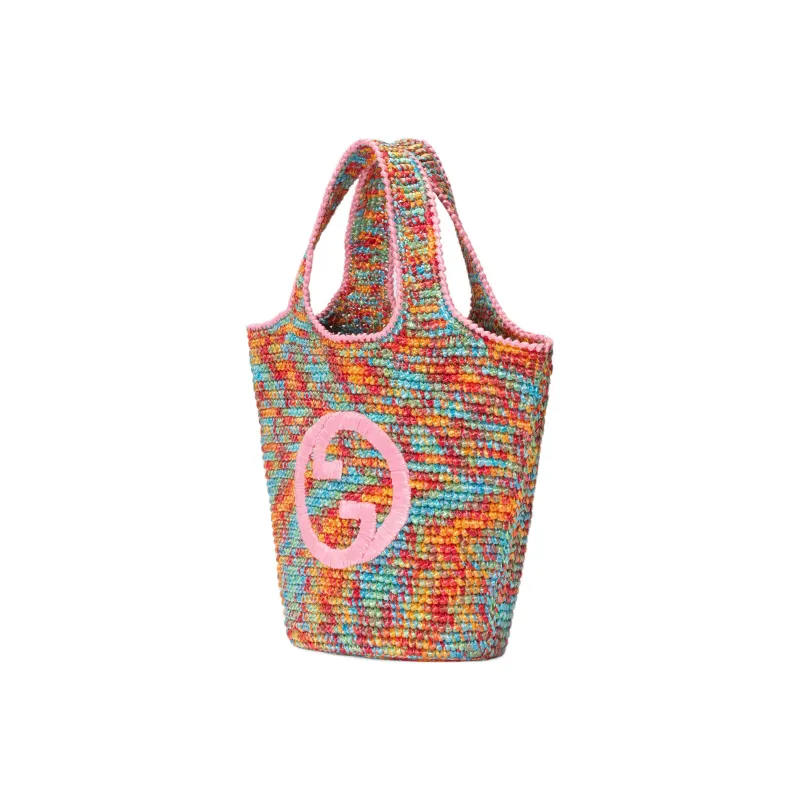 GUCCI Blondie Embroidered Applique Raffia Leaf Tote Bag Shopping Bag Handbag Mini Women's Multicolor-1