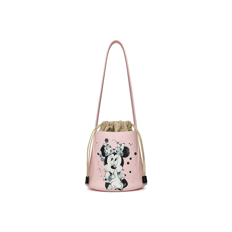 Disney Minnie Series PU Leather Round Bucket Bag Crossbody Bag Shoulder Bag Women's Pink Yellow Green-0