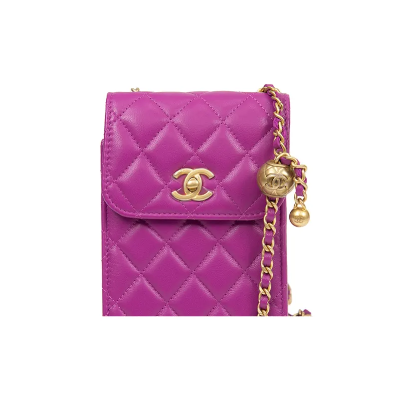 CHANEL Lambskin Chain Flap Cell Phone Pouch Women's Purple-4