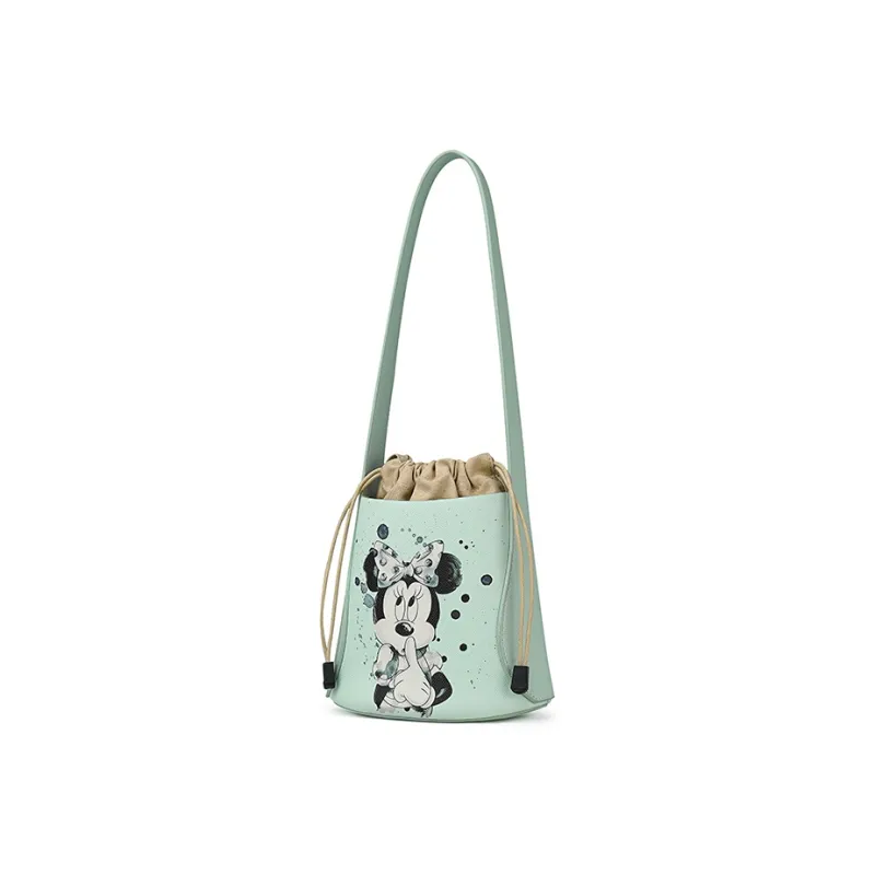 Disney Minnie Series PU Leather Round Bucket Bag Crossbody Bag Shoulder Bag Women's Pink Yellow Green-9