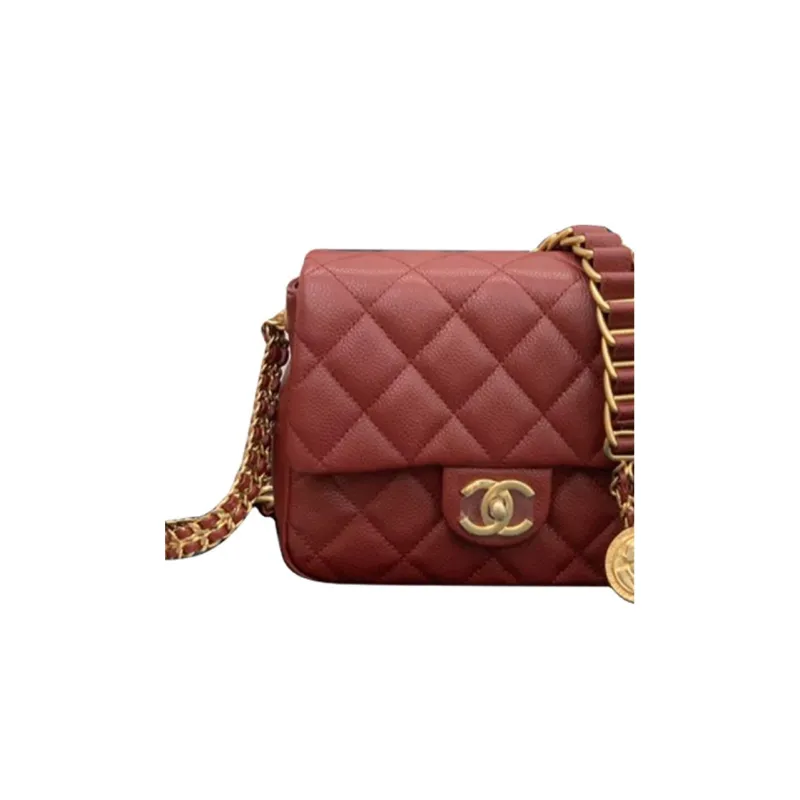 CHANEL Classic Flap CF Coin Collection Grain Embossed Cow Leather Shoulder Bag, Crossbody Bag Mini Women's Red-1
