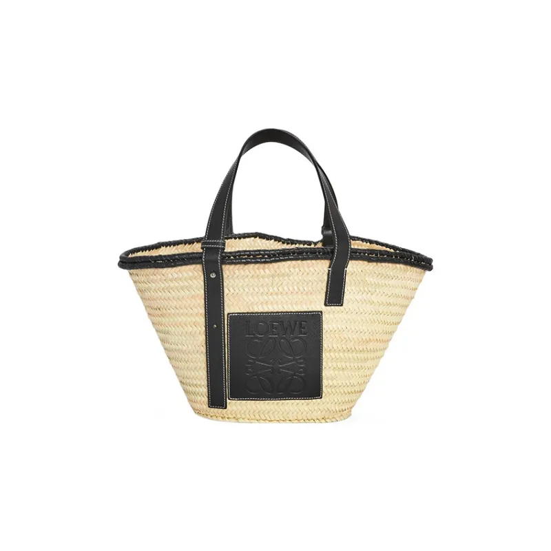 LOEWE Basket Palm Leaf With Calfskin One Shoulder Handbags Large Size Women's Black/Natural-0