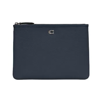 COACH Pouch Pebbled Leather Mahjong Wrist Bag Clutch Large Size Women's Denim Cyan