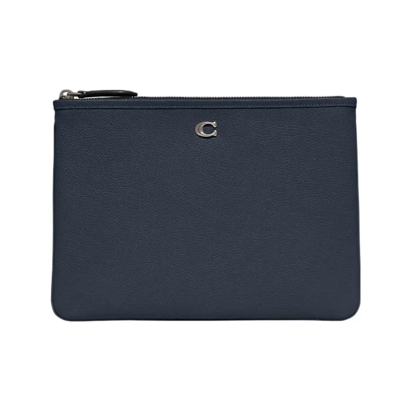 COACH Pouch Pebbled Leather Mahjong Wrist Bag Clutch Large Size Women's Denim Cyan-0