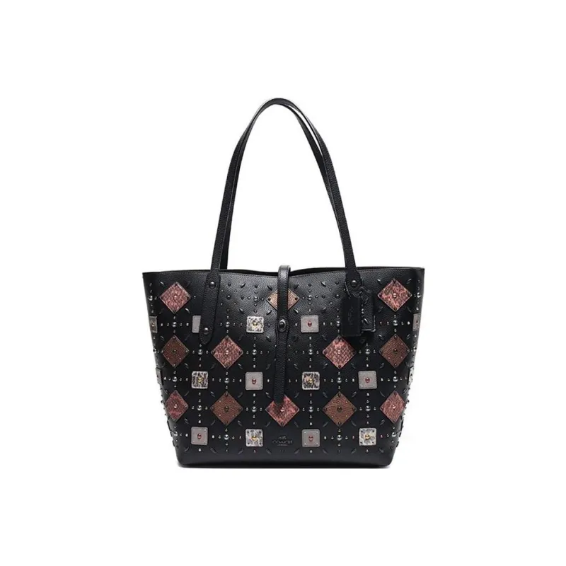 COACH Market Tote Pebbled Leather Tote Bag Shopping Bag Shoulder Bag Handbag Large Size Women's Black-0