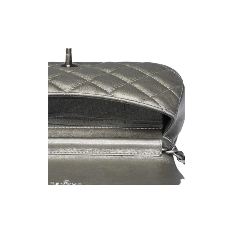 CHANEL Metal Texture Calfskin Coin Purse, Shoulder Bag, Crossbody Bag Women's Ruthenium Color-1