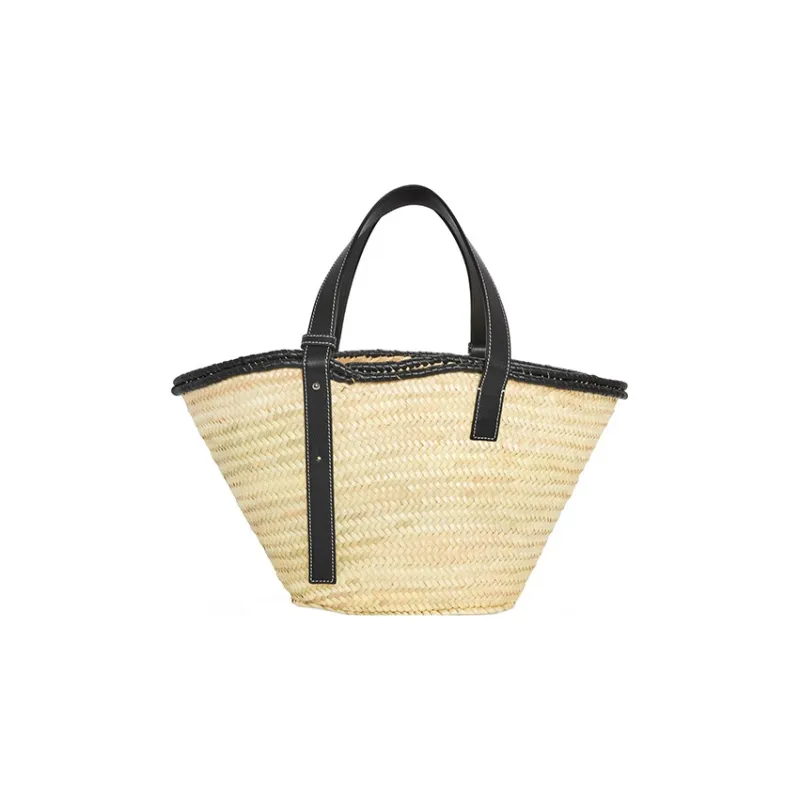 LOEWE Basket Palm Leaf With Calfskin One Shoulder Handbags Large Size Women's Black/Natural-2