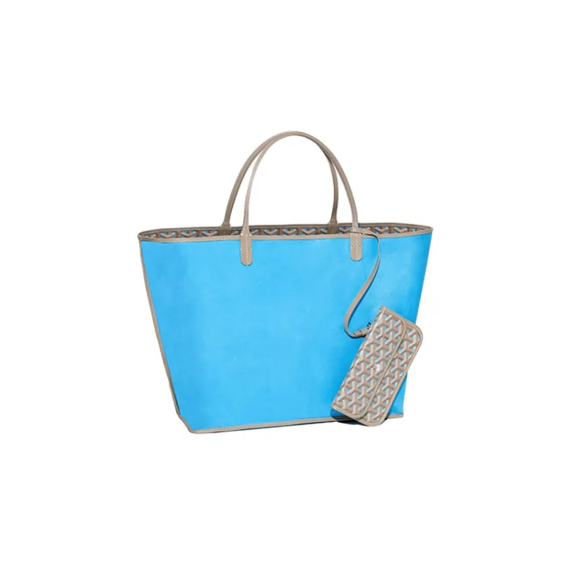GOYARD Saint Louis Canvas With Leather Combo Tote Bag One Shoulder Handbag Large Size Unisex Elephant Gray/Turquoise-2