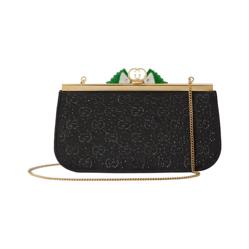 GUCCI Resin Crystal Fabric One Shoulder Crossbody Clutches Women's Black-3